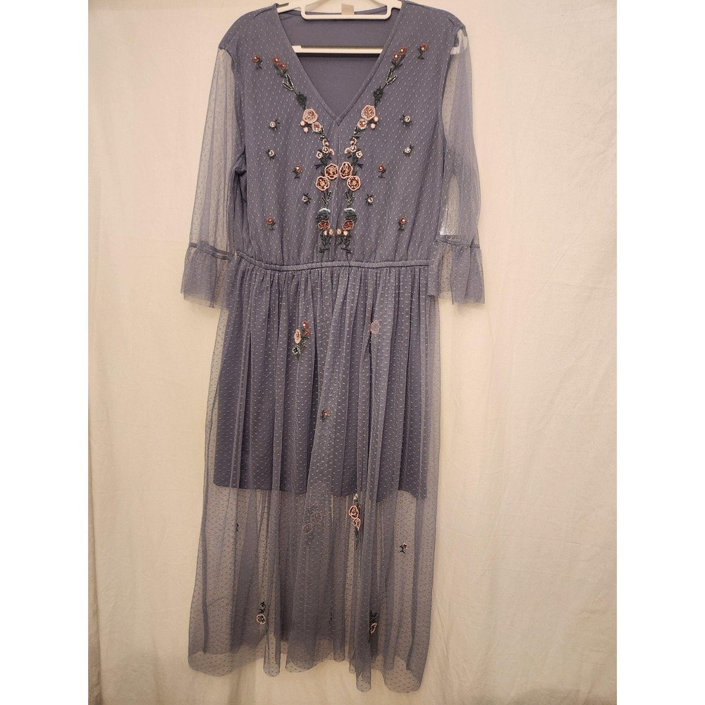 H&M Dress Womens 12 Blue Gray Sheer Mesh Embroidered Swiss Dot V Neck Midi Lined